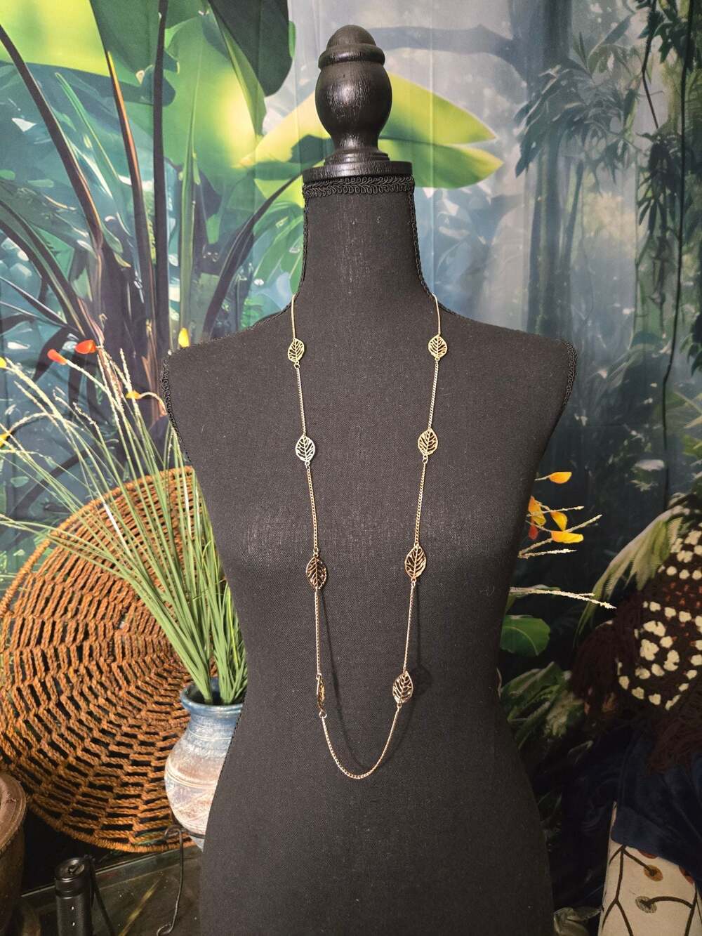 Gold-Tone Filigree Leaf Station Long Layering Necklace